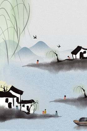 古风烟雨江南水墨小镇