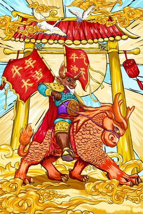 牛魔王麒麟牛年大吉插画