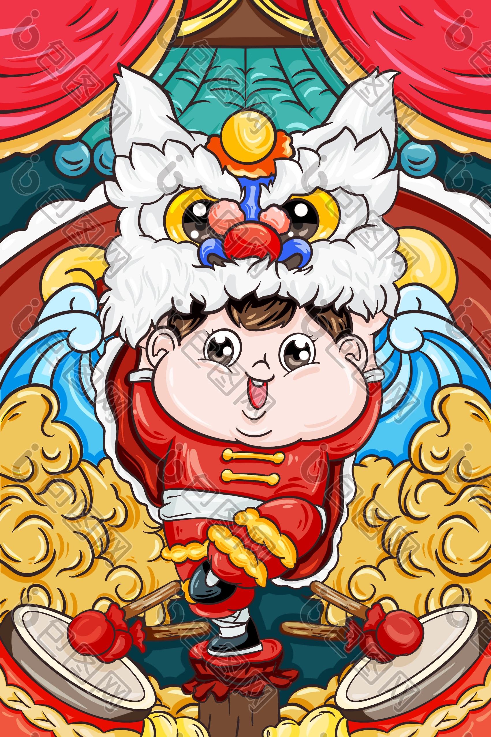 新年跨年国潮舞狮打鼓迎新中国风喜庆插画