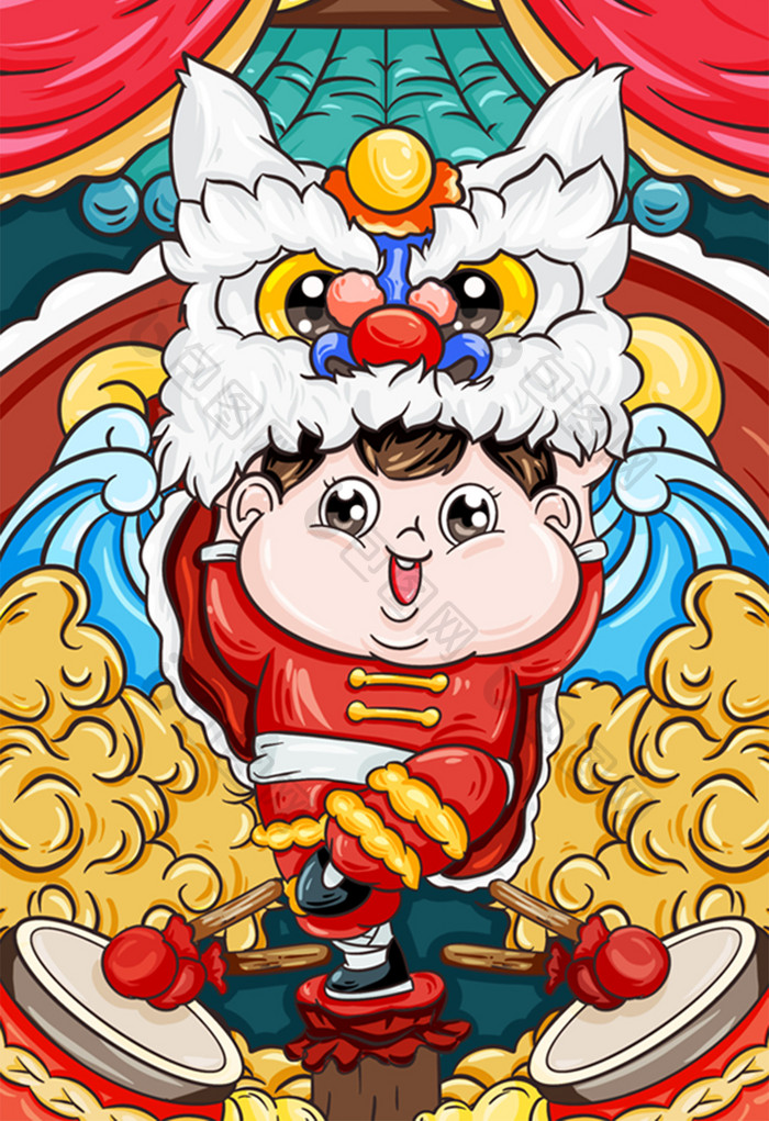 新年跨年国潮舞狮打鼓迎新中国风喜庆插画