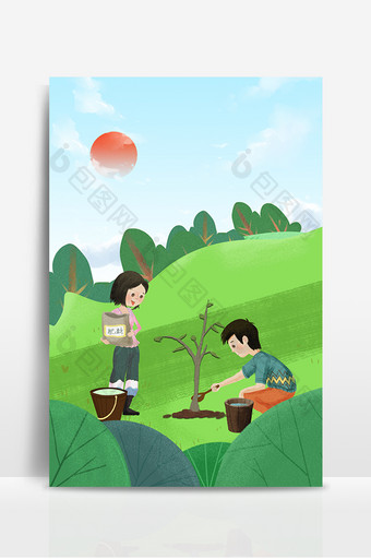 卡通植树节312绿色环保种树背景图片