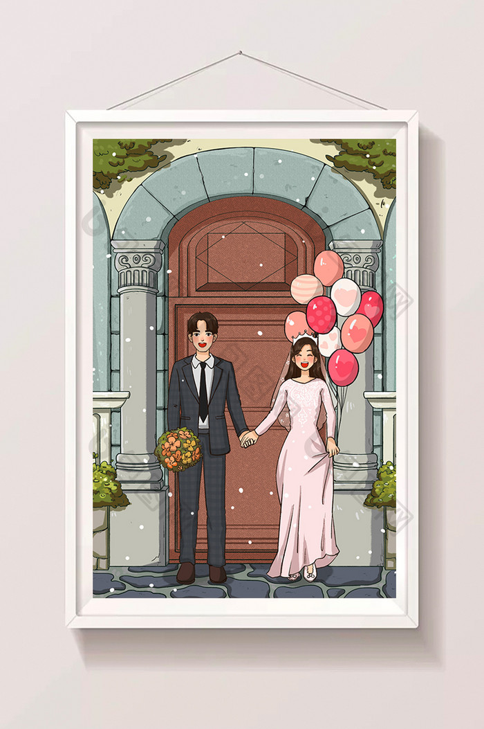 绿色蓝色情人节情侣夫妻西式建筑婚纱照插画