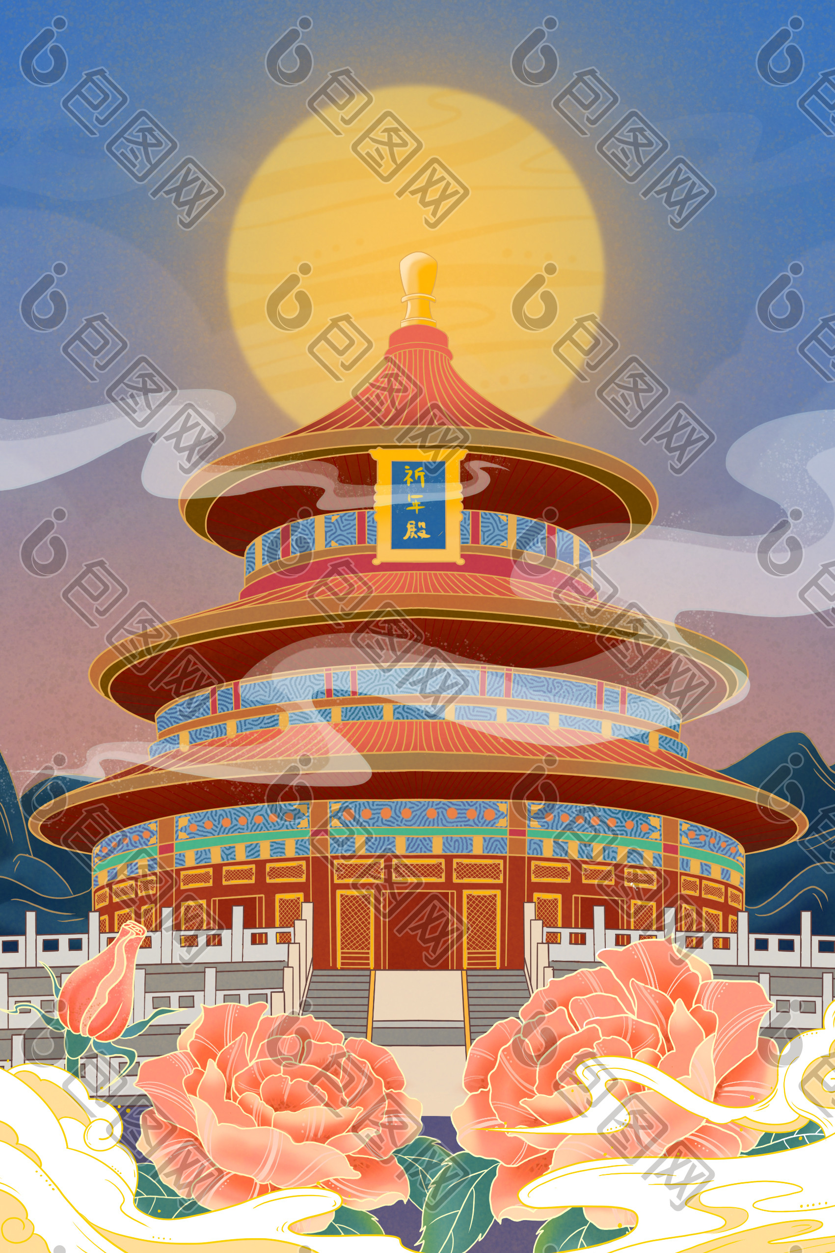 橙系祈年殿古风建筑插画图片