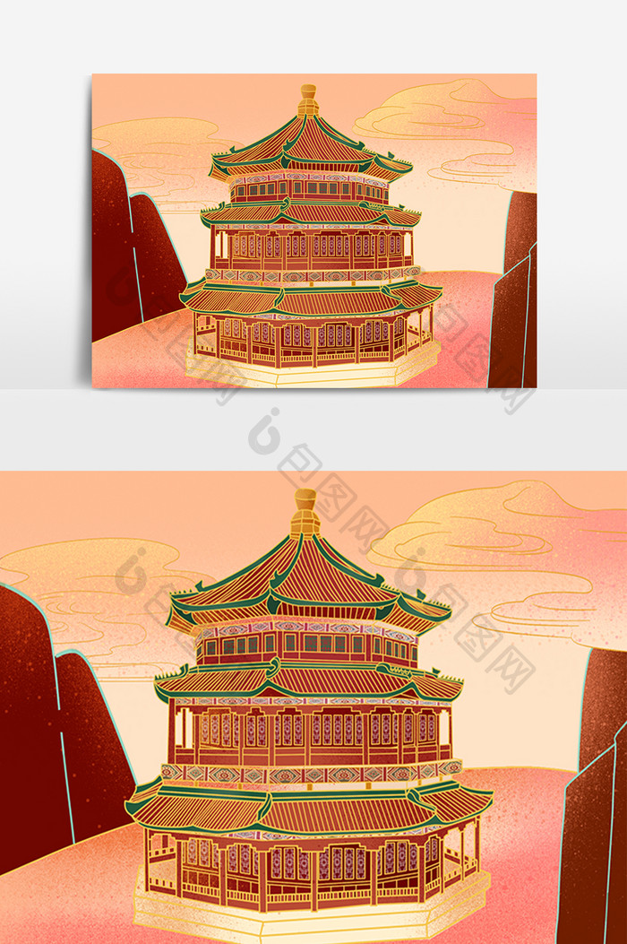 国风国潮建筑楼阁手绘插画