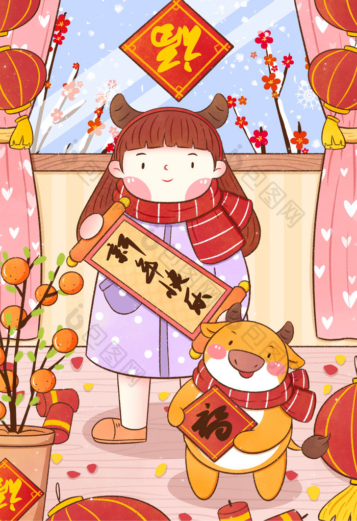 红色喜庆新年女孩与牛插画