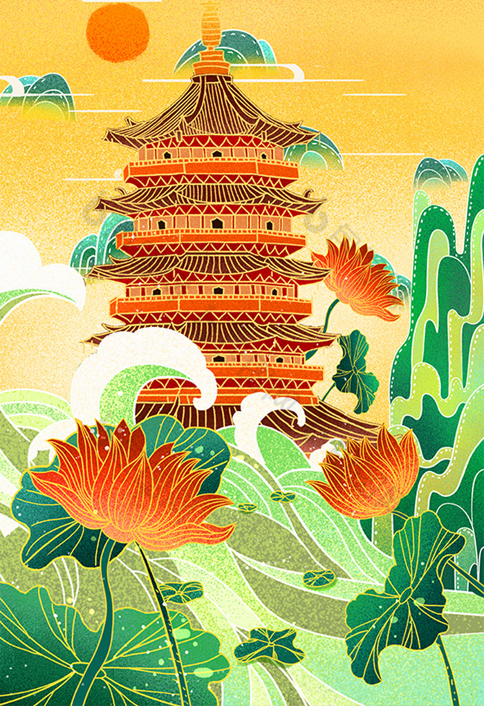 古代建筑之杭州雷峰塔插画