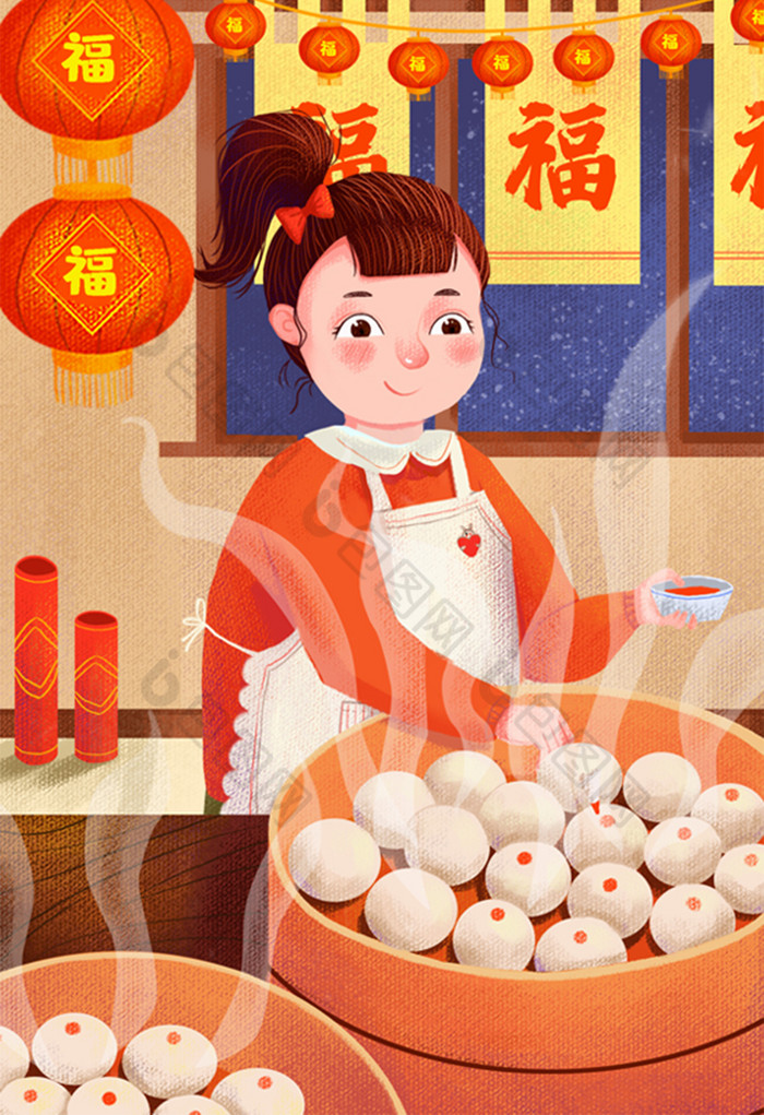 新年跨年年俗蒸包子做香味灯笼插画