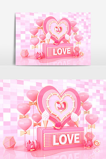 粉色白色金色情人节LOVE创意C4D场景图片