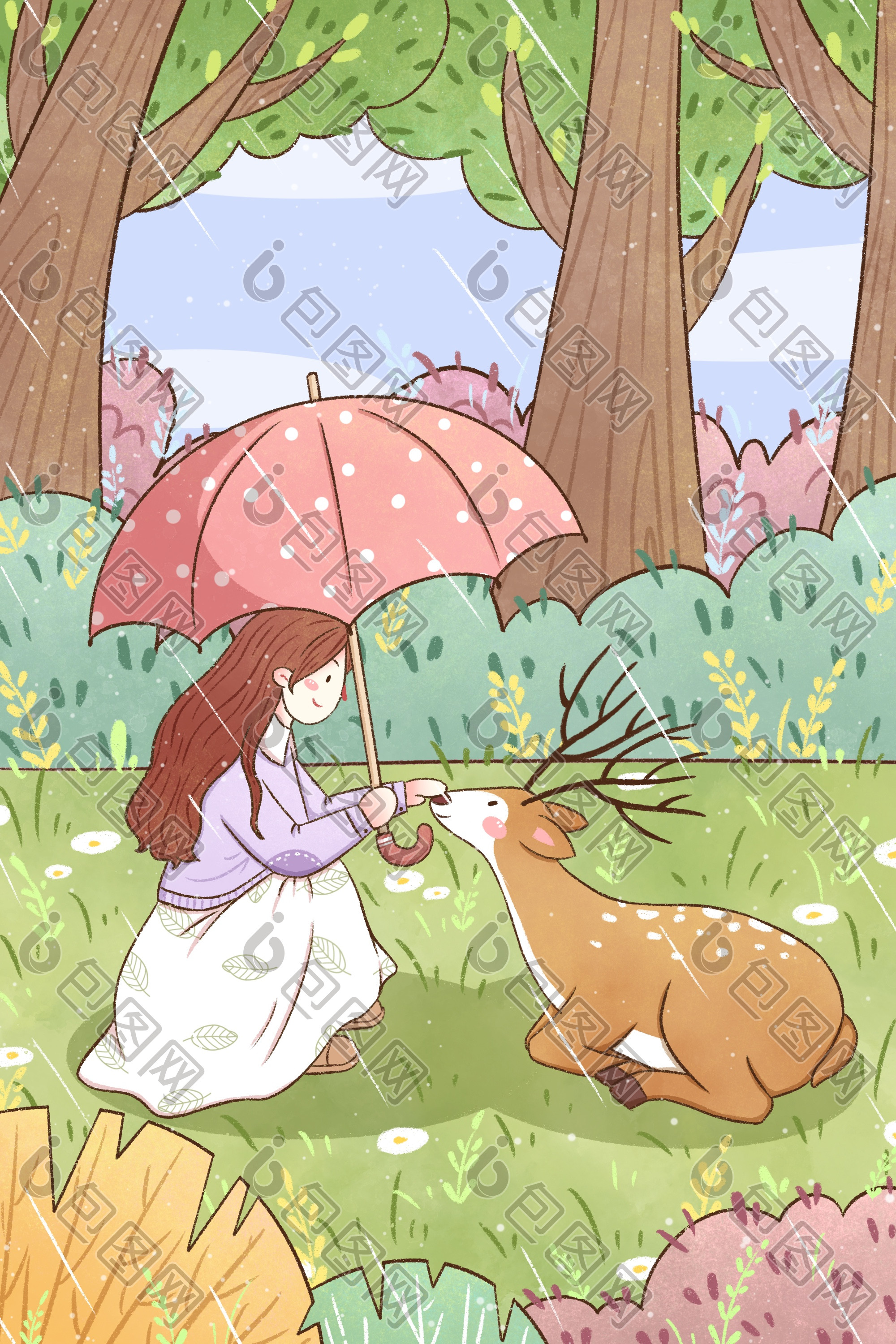雨水节气女孩与鹿插画图片