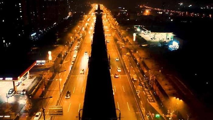 4K航拍夜景城市高架道路车流
