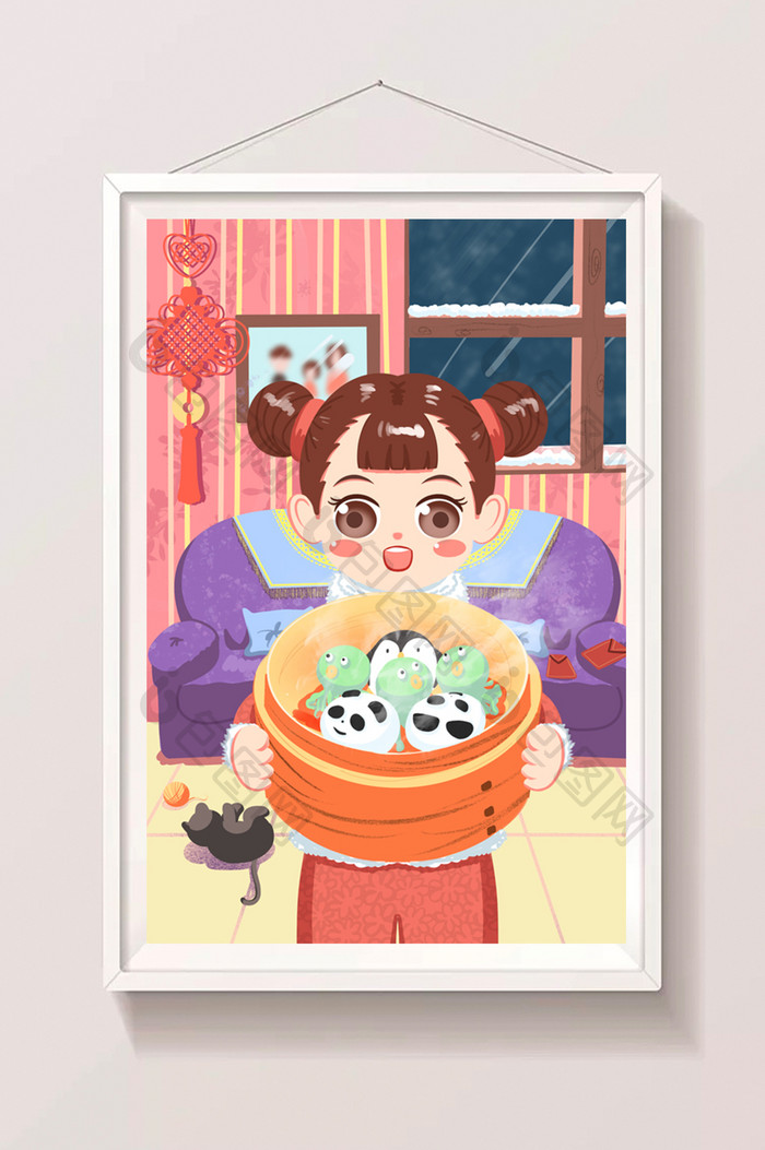 新年中国元宵节可爱动物蒸元宵美食温暖插画
