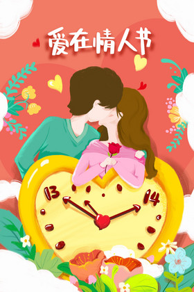 粉色浪漫温馨情人节拥抱恋人主题插画