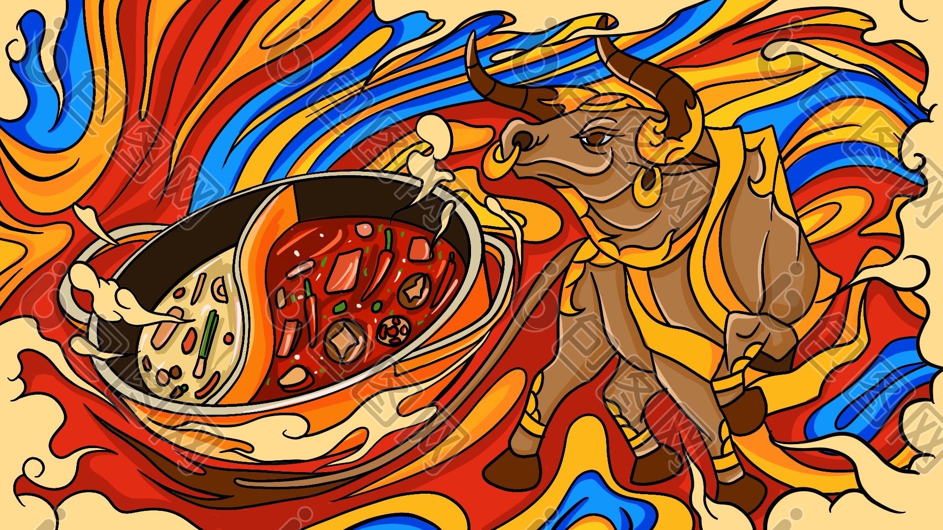 国潮中国风插画牛火锅图片