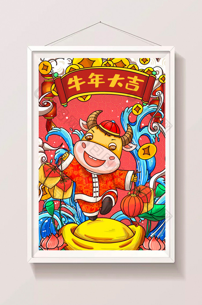 新年过年牛年喜庆红色财神中国风元宝插画