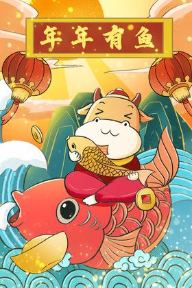 中国风年年有鱼小牛乘风破浪插画图片
