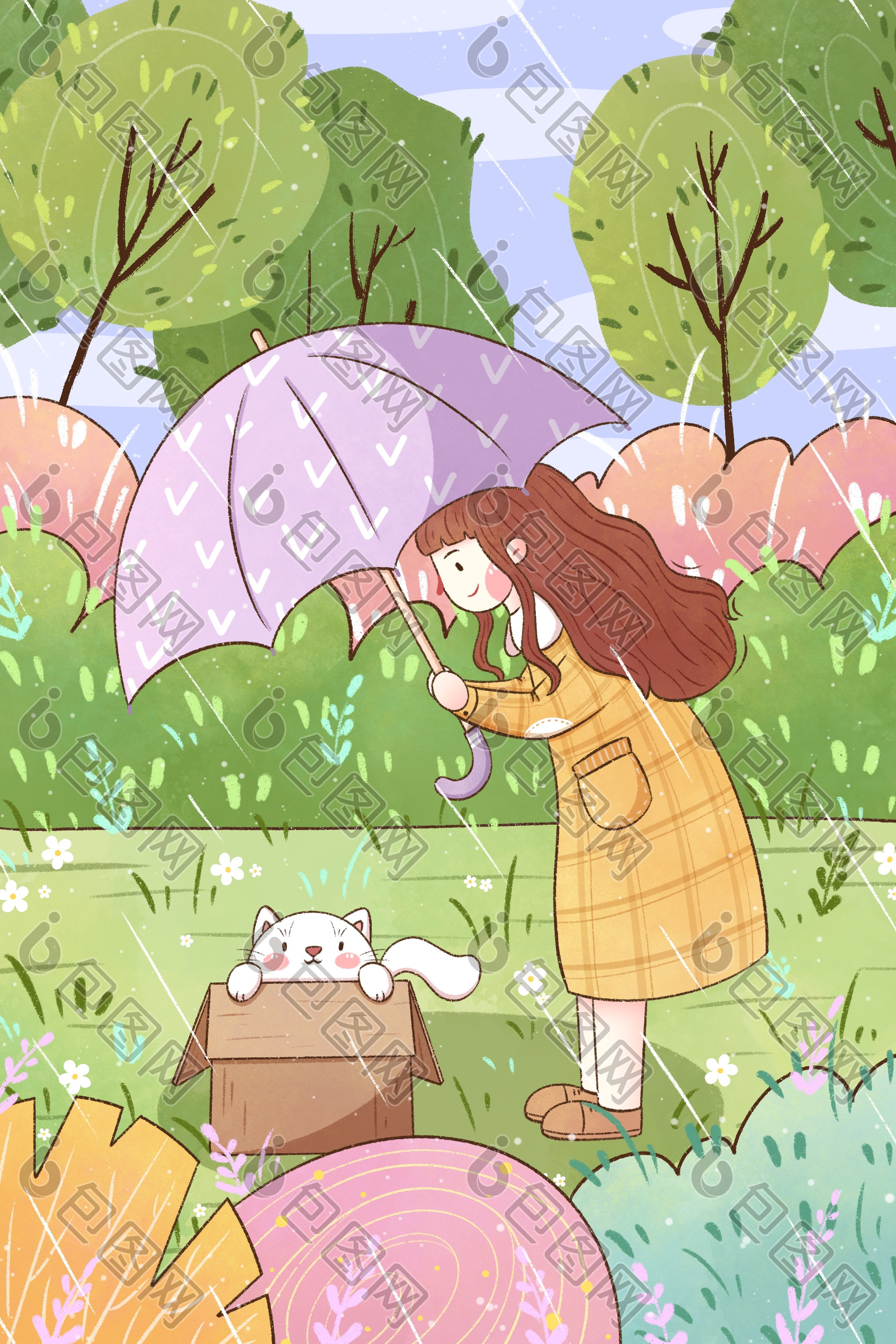 下雨天女孩与猫咪插画图片