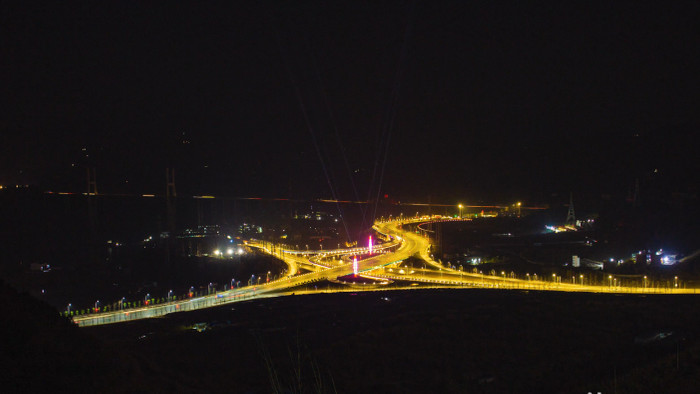 4K延时城市交通高架桥枢纽夜景建筑建设