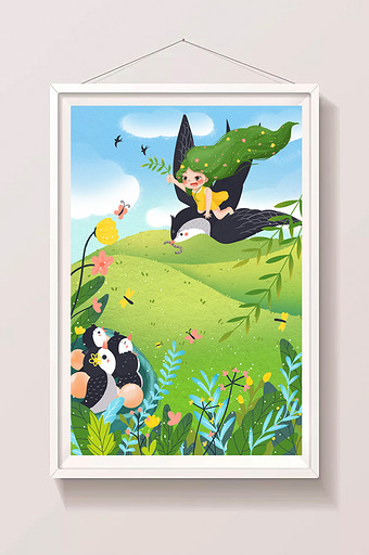 绿色草绿二十四节气燕子和女孩春分插画图片