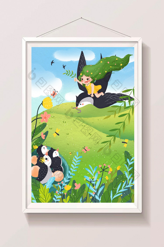 绿色草绿二十四节气燕子和女孩春分插画