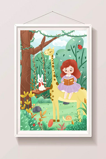 绿色创意二十四节气长颈鹿和小女孩春分插画图片
