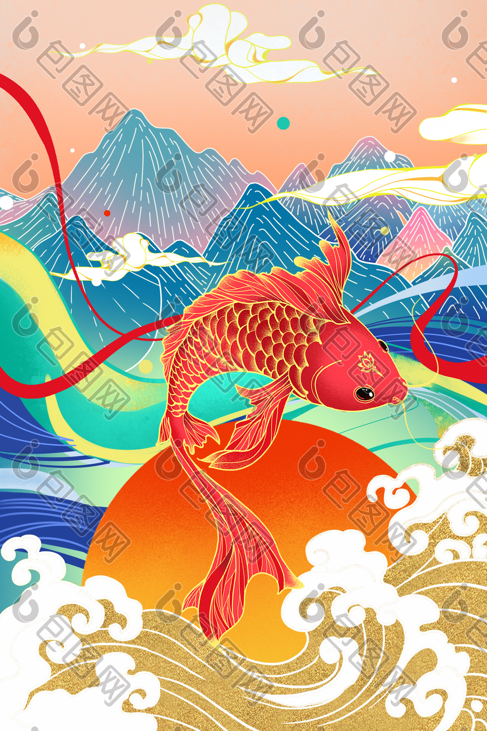 中国风锦鲤跃龙门鎏金山水插画图片