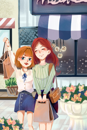 妇女节闺蜜一起逛街购物插画图片