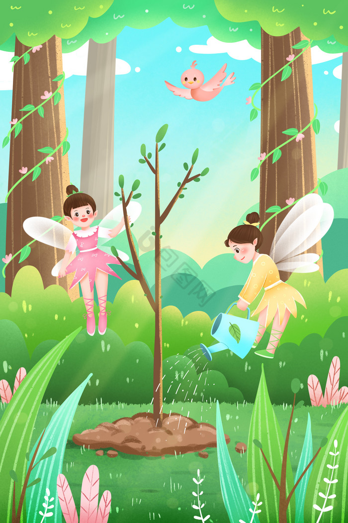 春天植树节森林里春精灵种树插画图片