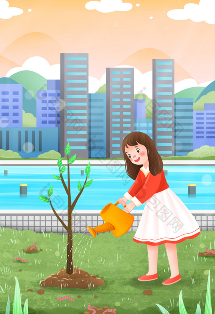 植树节种树给城市增添一抹绿插画