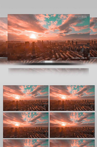 4K航拍城市夕阳落日余晖延时摄影青橙色调图片