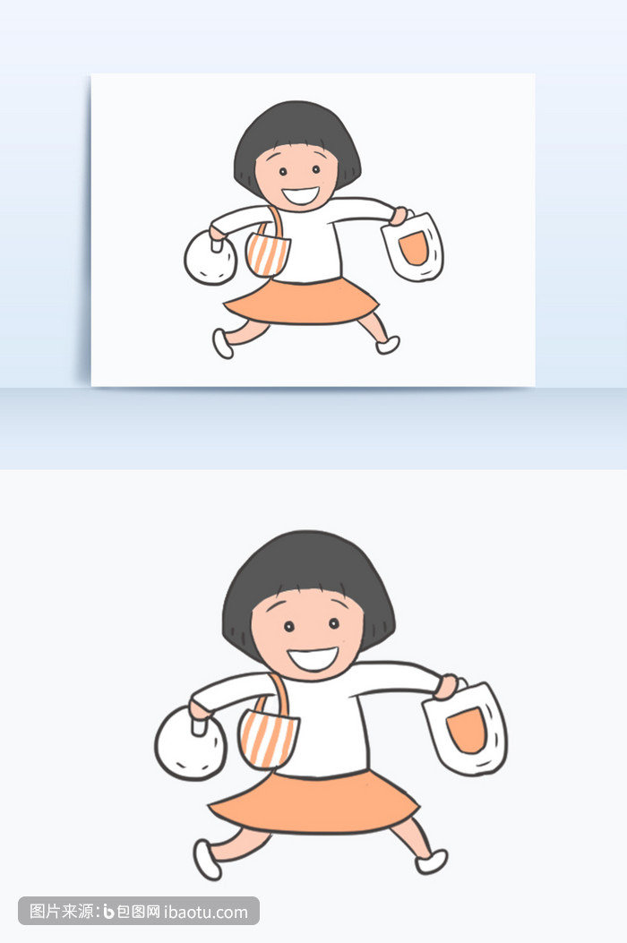 简笔画可爱卡通女孩手拿袋子手机静态表情包,包图网,图片,素材,模板