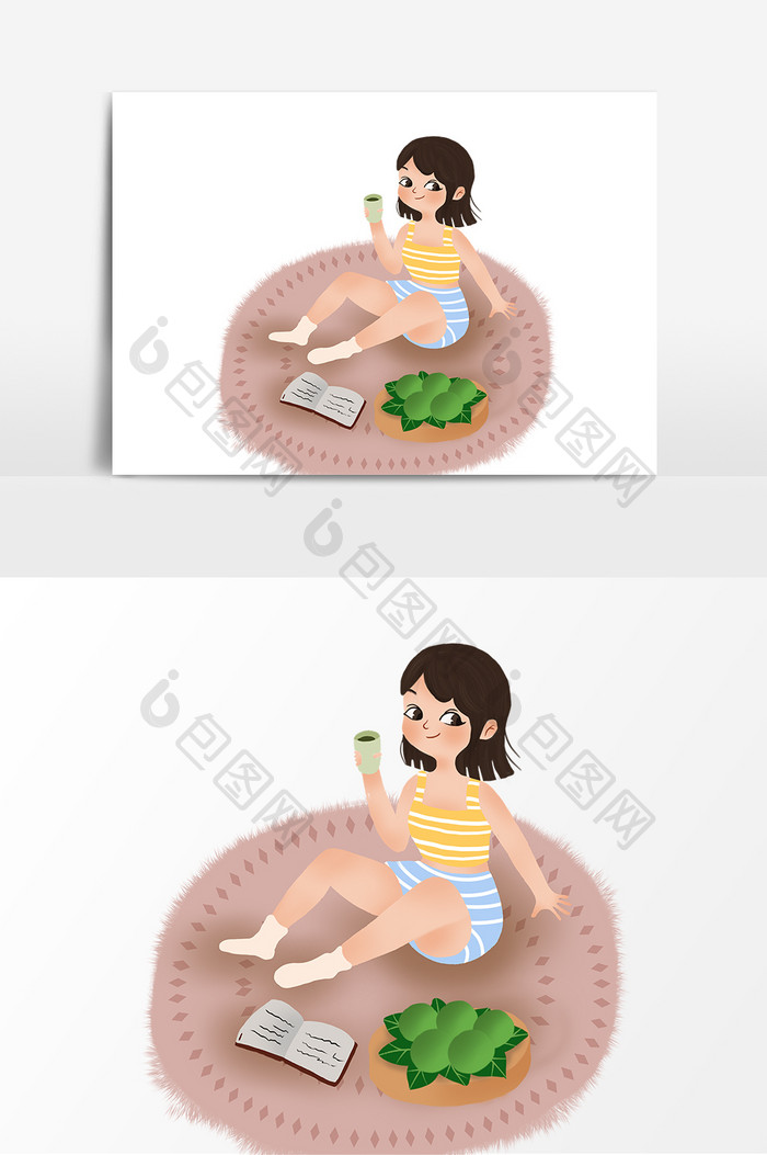 手绘寒食节女孩吃青团元素设计