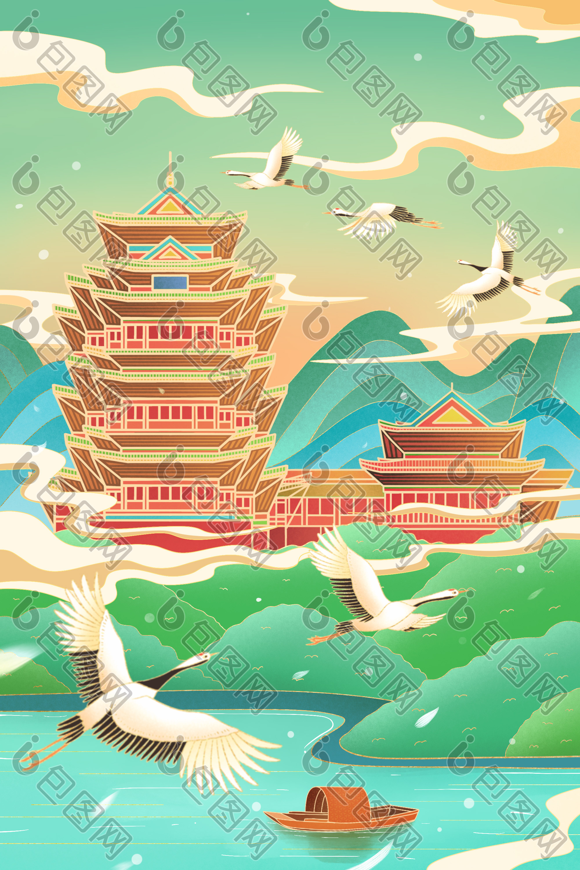 国潮南京望江楼江南第一楼建筑地标插画图片