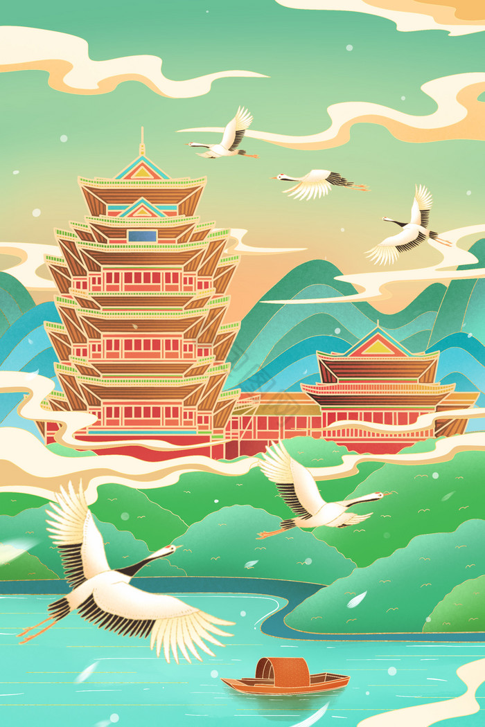 南京望江楼江南第一楼建筑地标插画