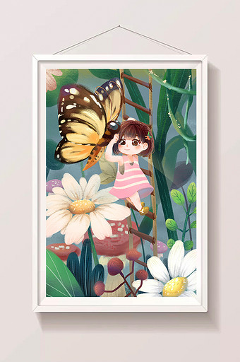 小女孩与蝴蝶在花丛中插画图片