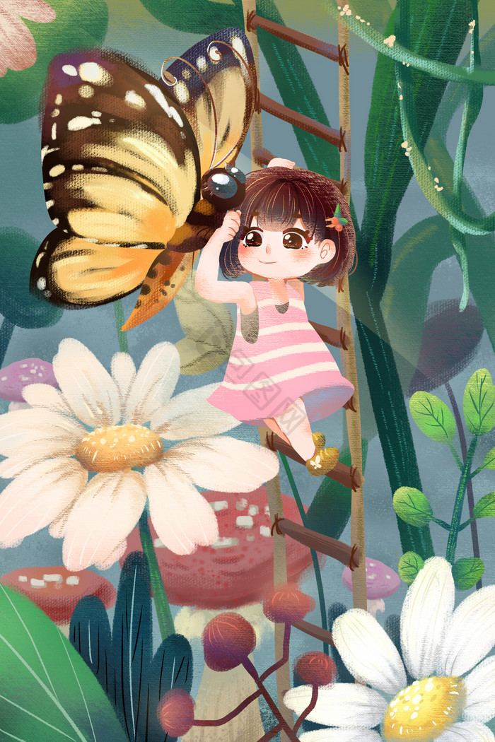 小女孩与蝴蝶在花丛中插画图片