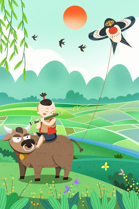 清明节放牛的牧童插画