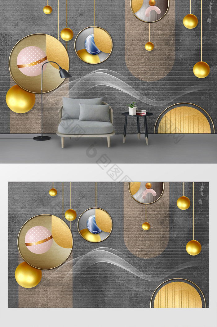 现代轻奢金色抽象几何形状客厅背景墙图片图片