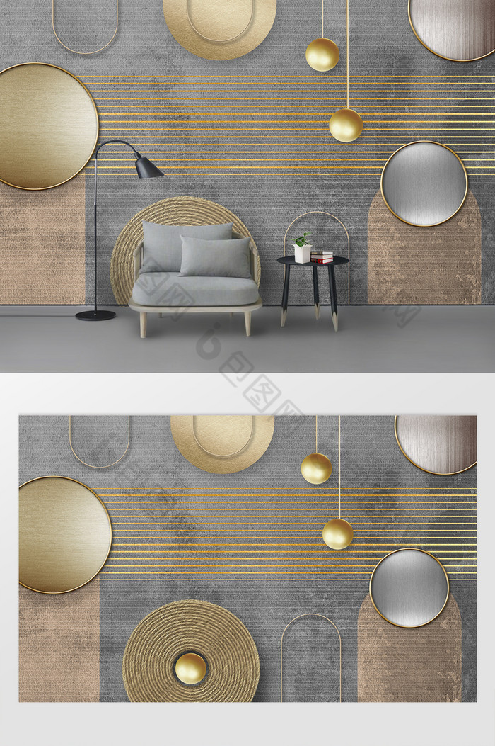 现代轻奢金色几何形状线条客厅背景墙图片图片