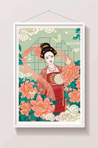 春天中国风红色牡丹花和汉服美人插画图片