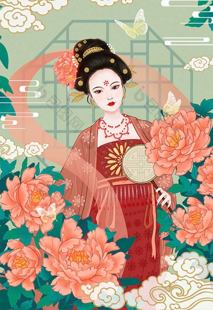 春天中国风红色牡丹花和汉服美人插画