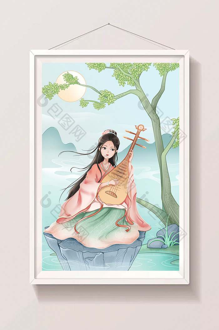 绿色中国风手绘唯美中式弹琵琶美女人物插画