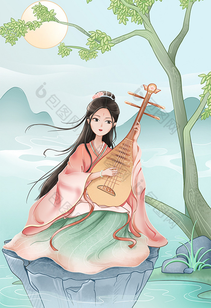 绿色中国风手绘唯美中式弹琵琶美女人物插画