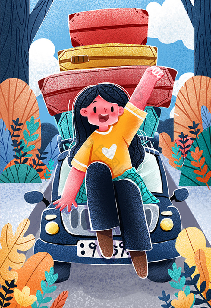 女生春季出发自驾旅行个性插画图片