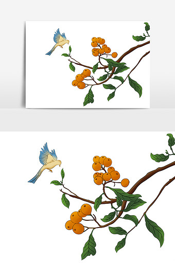 中式古典手绘百灵鸟枇杷花鸟元素素材