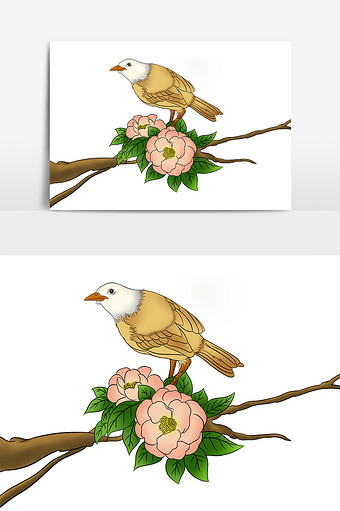 复古灰喜鹊兰花古典装饰元素素材