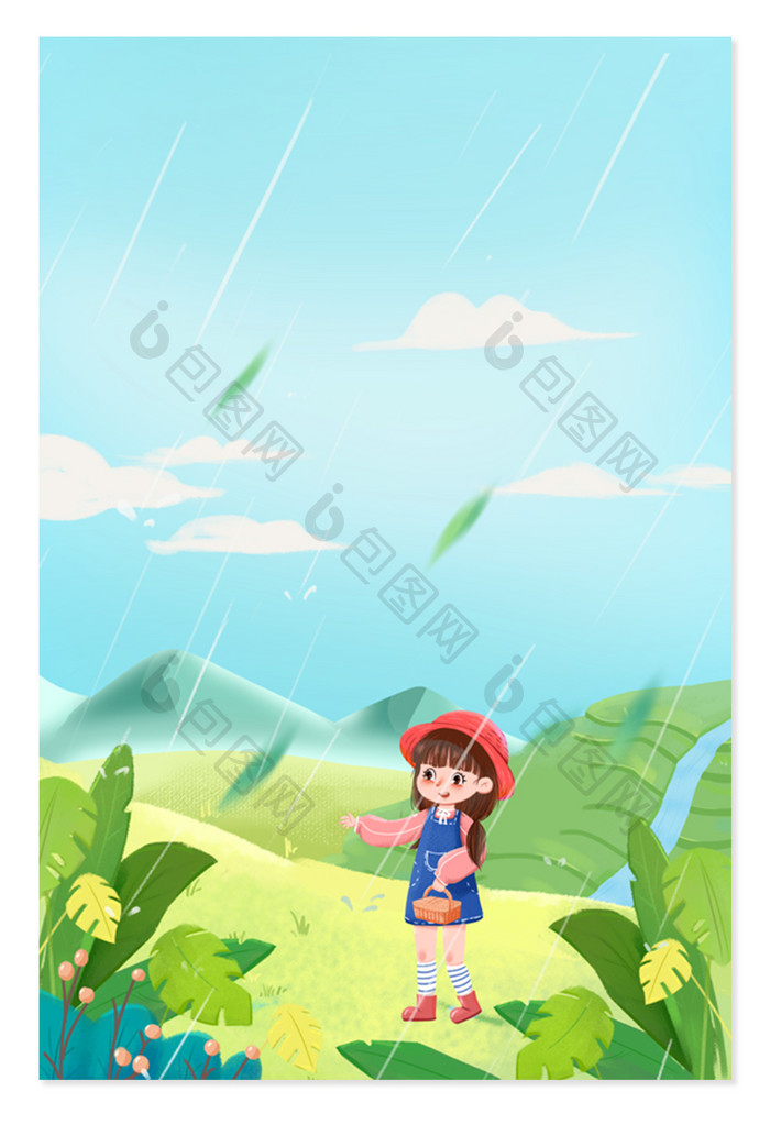 唯美手绘卡通谷雨节气小女孩背景图