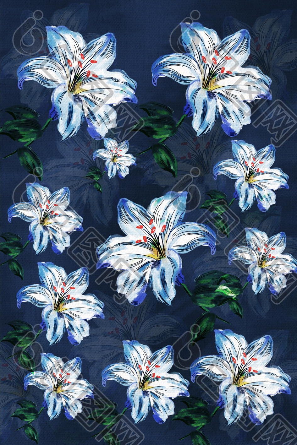 蓝色花朵印花图案扎染客厅装饰画