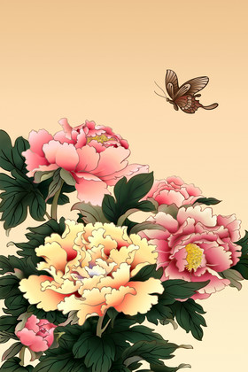 粉色工笔牡丹中国风花卉装饰插画
