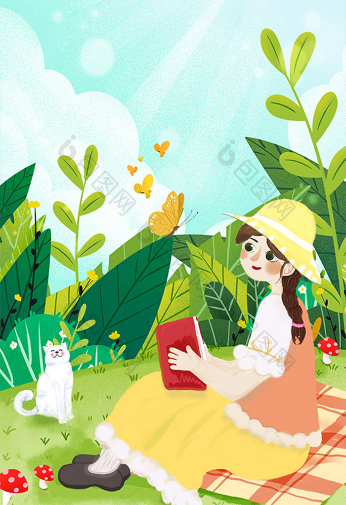 春天草地看书的小女孩小清新插画