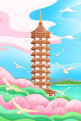 城市浙江舟山普陀山黄荆寺景点插画图片